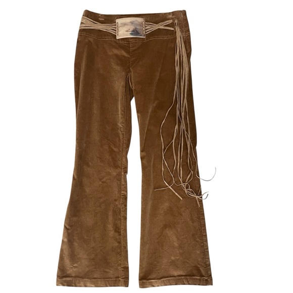 Cache Pants - Cache Brown Velvet Flared Pants with Fringe Belt